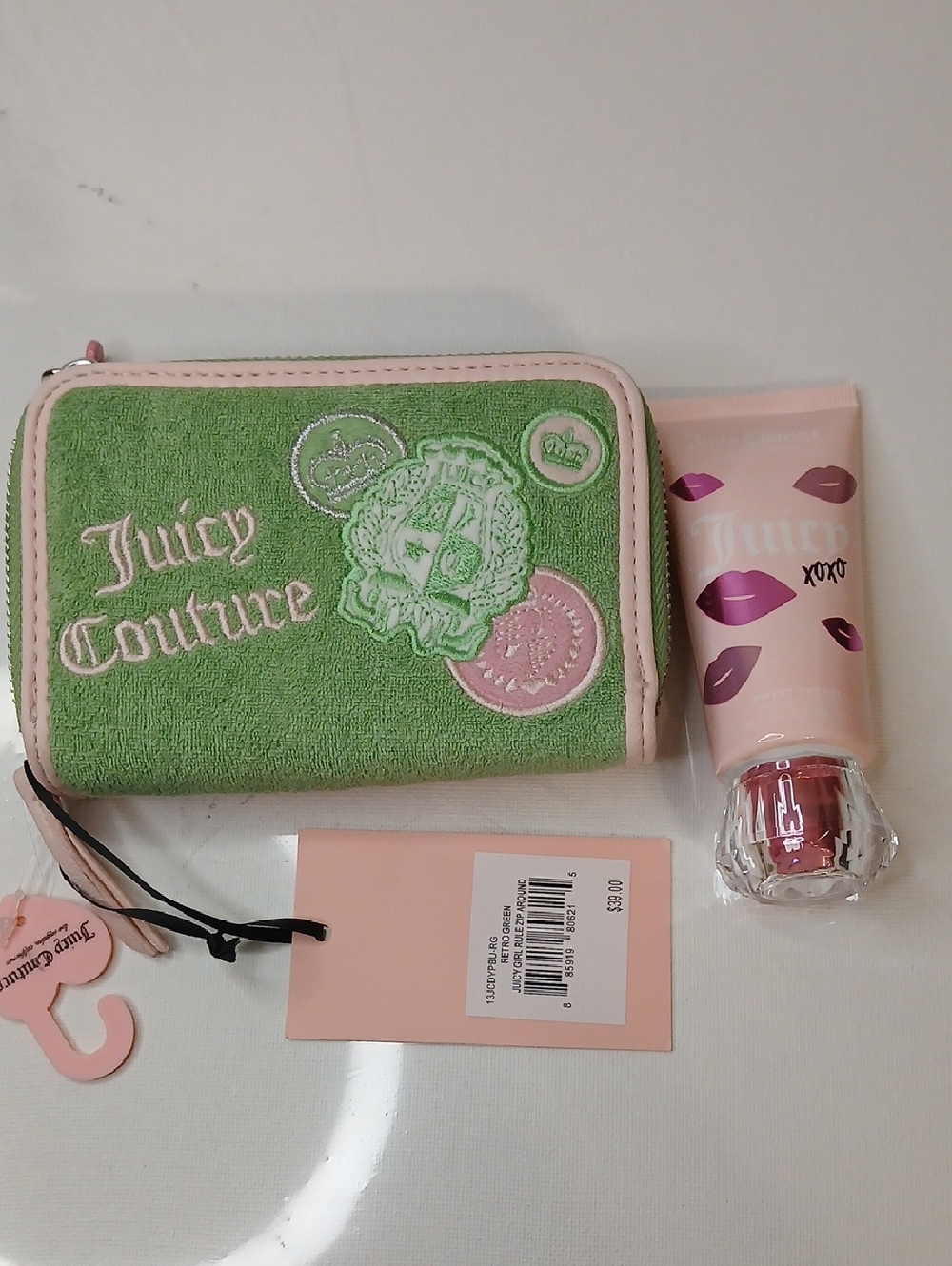 Juicy Couture Green Terry Zip Wallet with Pink Trim